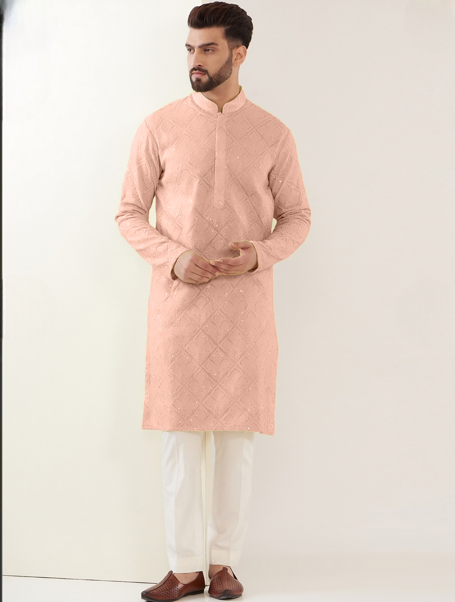 YOURSRK THE LIGHT ORANGE SEQUENCE EMBRODERY WORK MENS KURTA