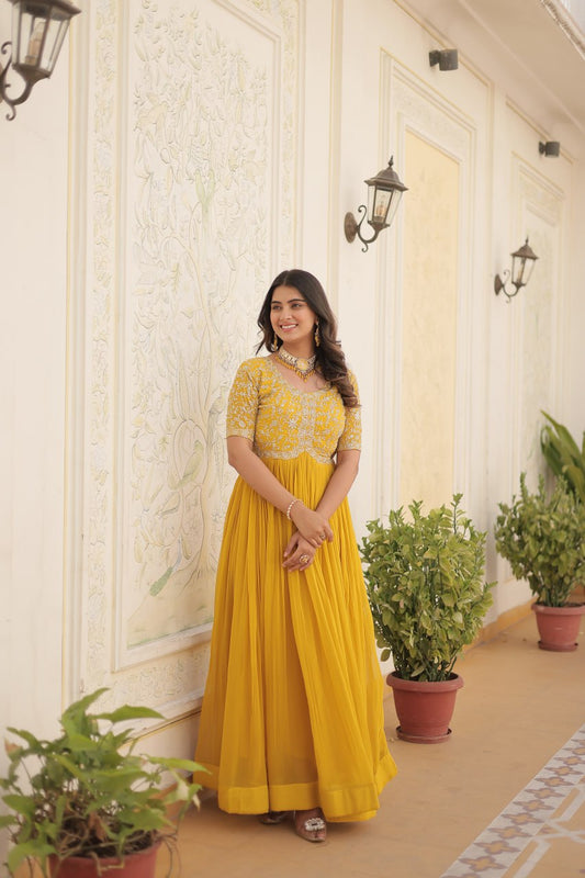 PREMIUM DESIGNER READYMADE YELLOW GOWN HIGH QUALITY MADE BY ZARI-THREAD & SEQUINS EMBROIDERY