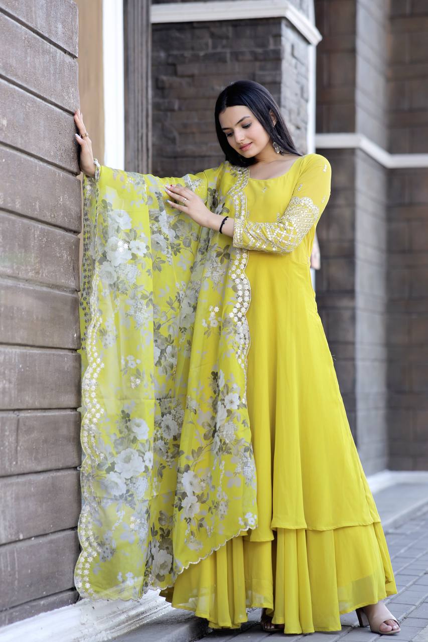 PREMIUM READYMADE YELLOW GOWN-DUPATTA COLLECTIONS.💃🏻