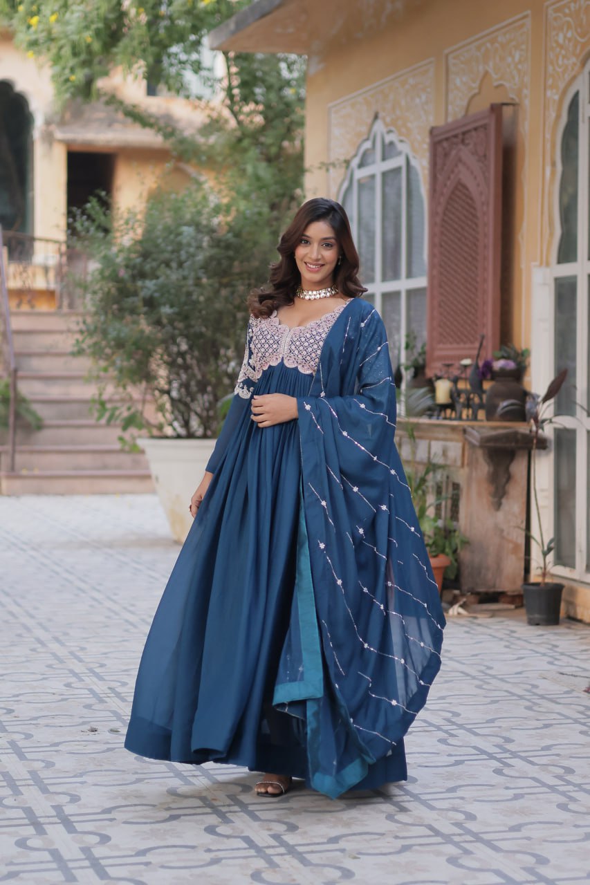 Elegant Star Georgette Embroidered Gown with Dupatta