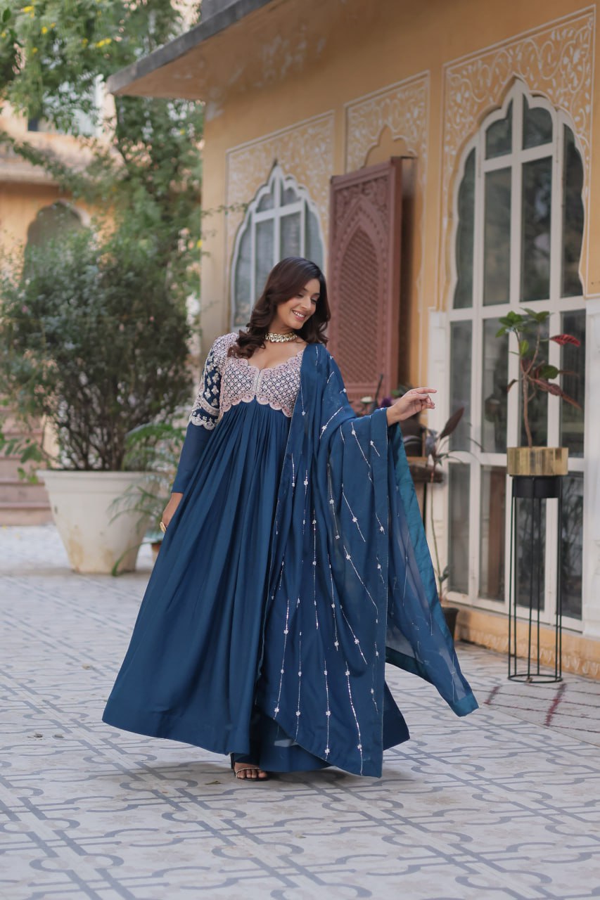 Elegant Star Georgette Embroidered Gown with Dupatta