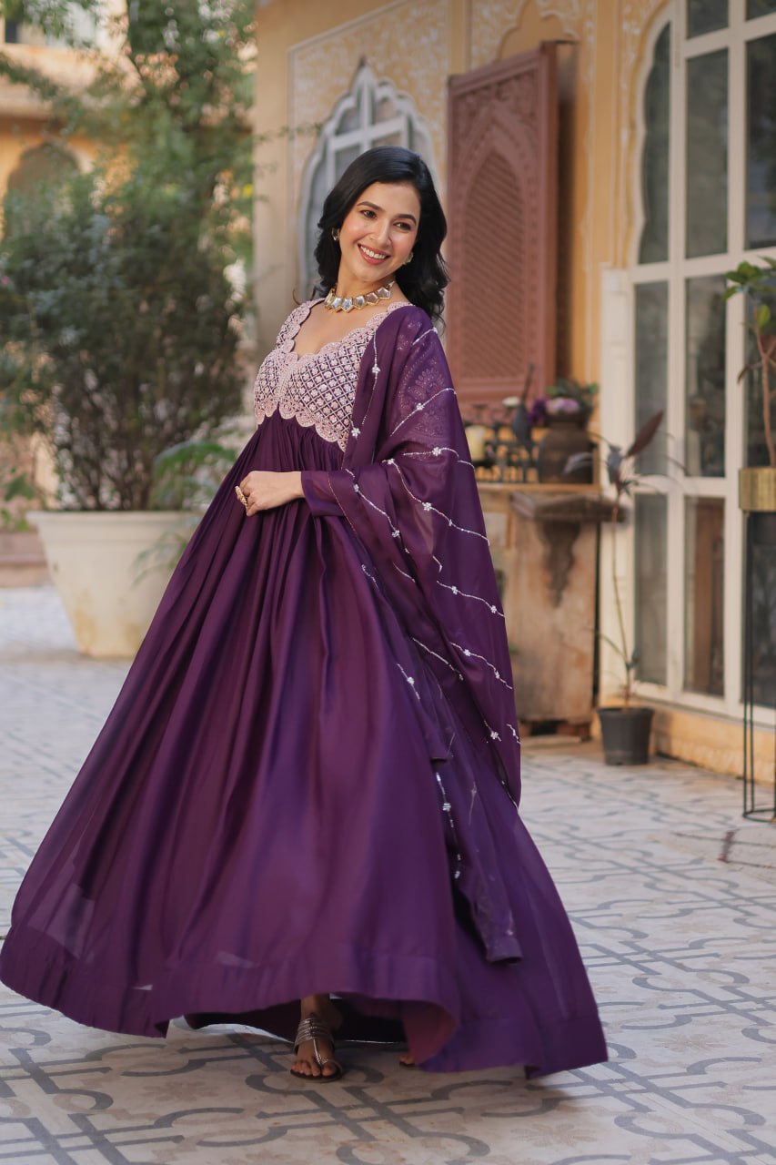 Elegant Star Georgette Embroidered Gown with Dupatta