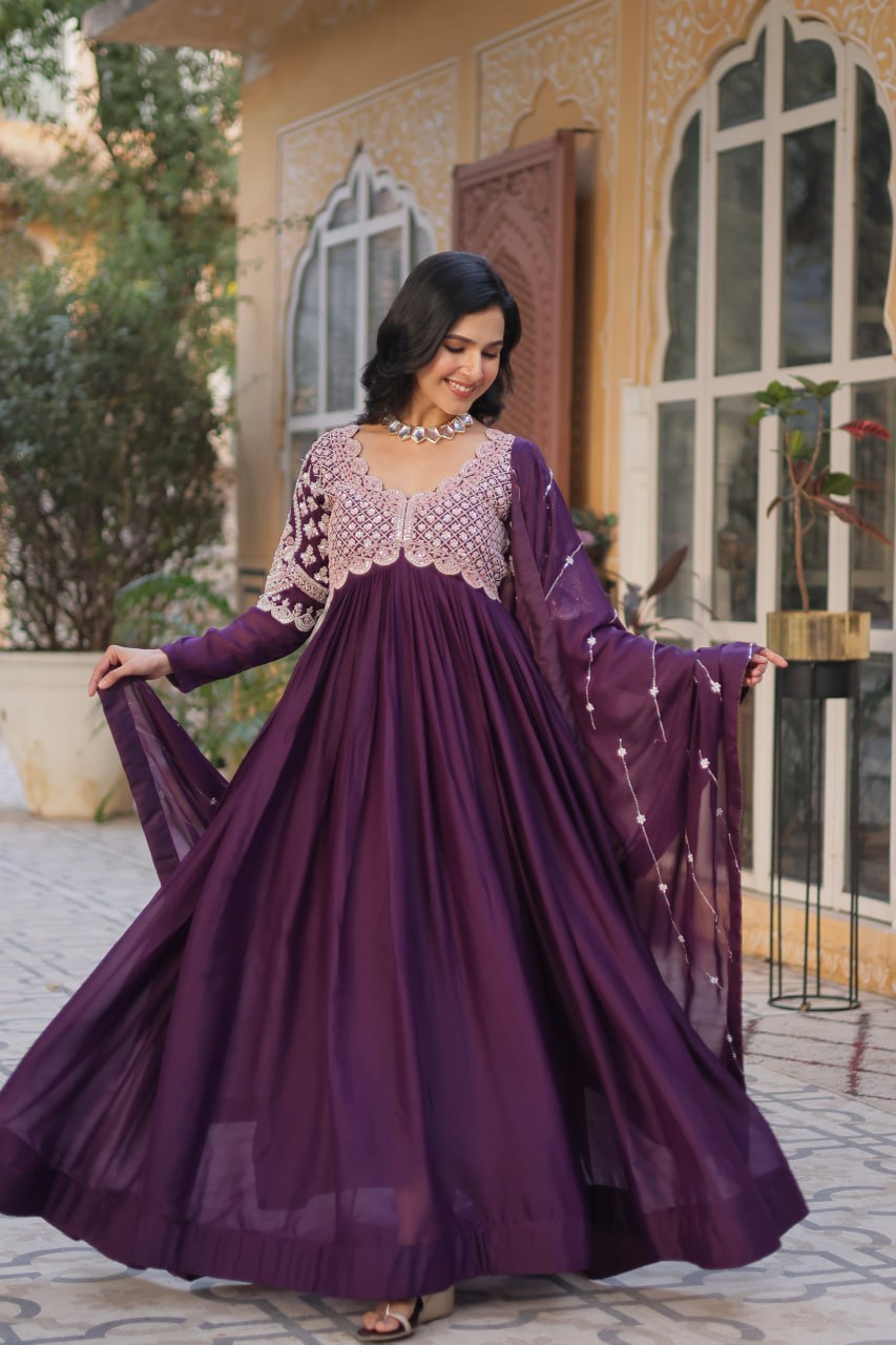 Elegant Star Georgette Embroidered Gown with Dupatta