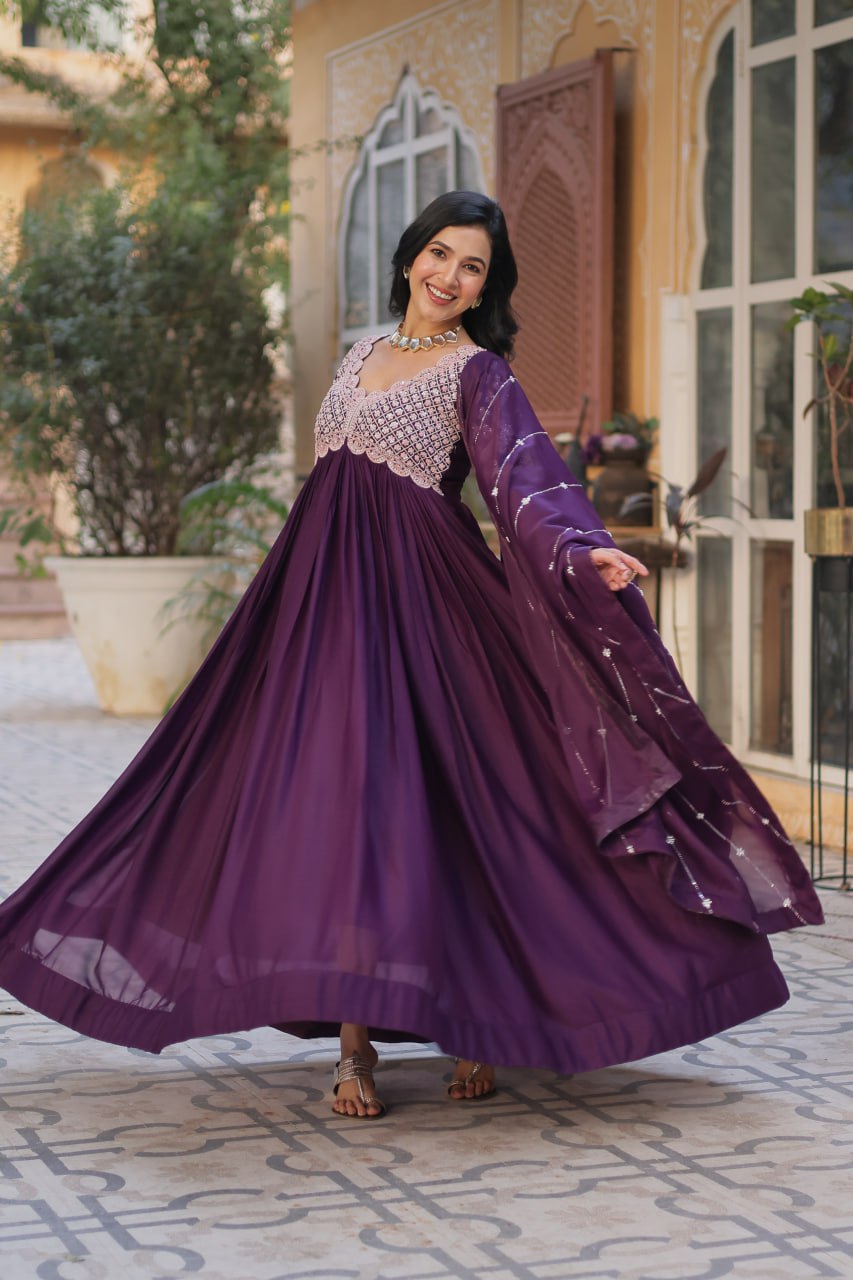 Elegant Star Georgette Embroidered Gown with Dupatta