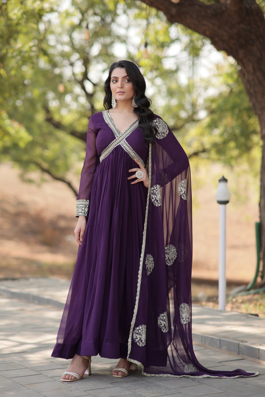 PREMIUM READYMADE ALIA CUT PURPLE GOWN WITH DUPATTA FAUX BLOOMING WITH  EMBROIDERY ZARI SEQUINS-WORK