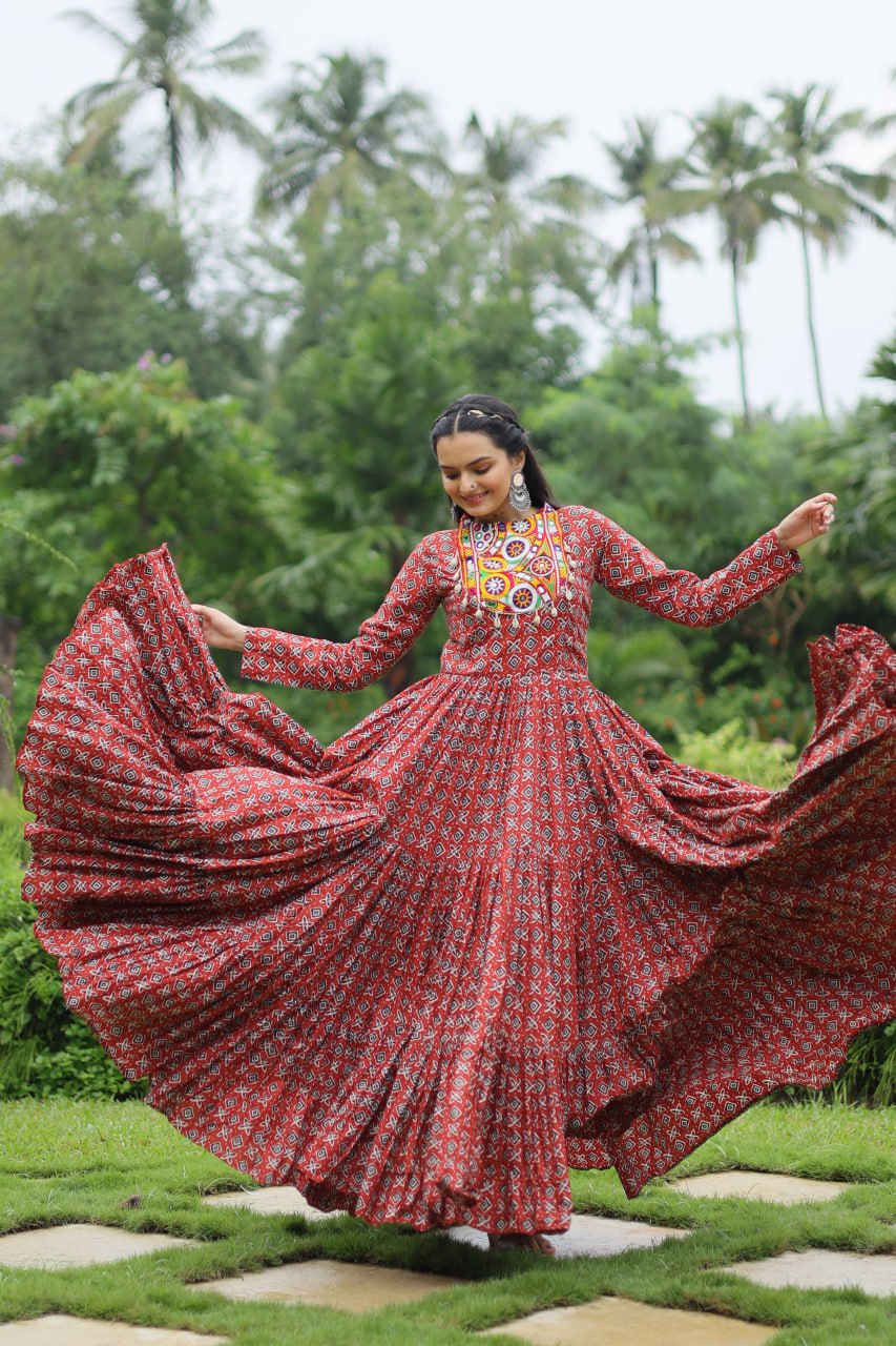 Designer Printed Gown Made from Heavy Printed Cotton with Kutchi Gamthi Lace and Kodi Work...