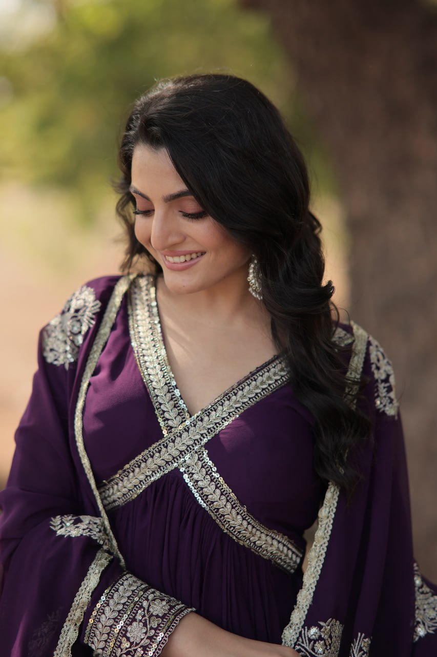 PREMIUM READYMADE ALIA CUT PURPLE GOWN WITH DUPATTA FAUX BLOOMING WITH  EMBROIDERY ZARI SEQUINS-WORK