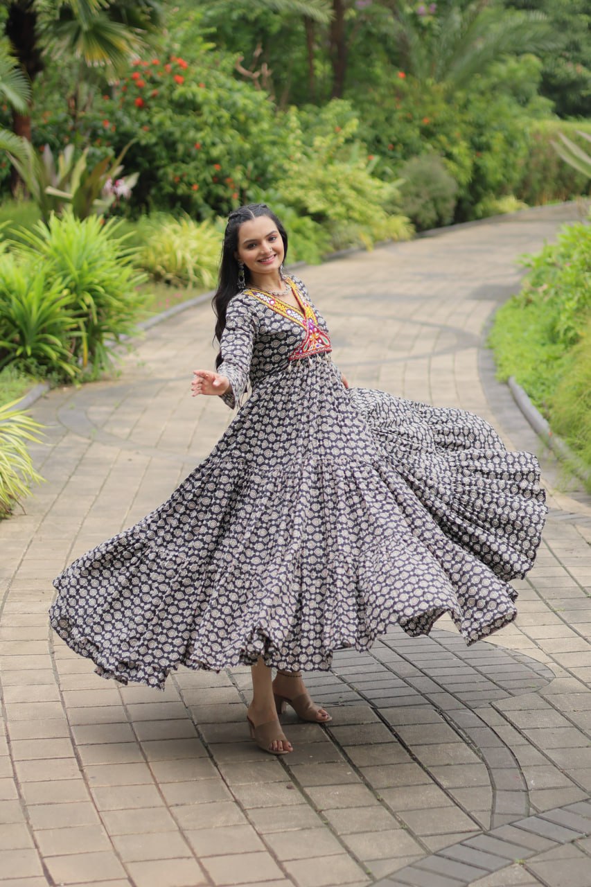 Designer Printed Gown Made from Heavy Printed Cotton with Kutchi Gamthi Lace and Kodi Work.