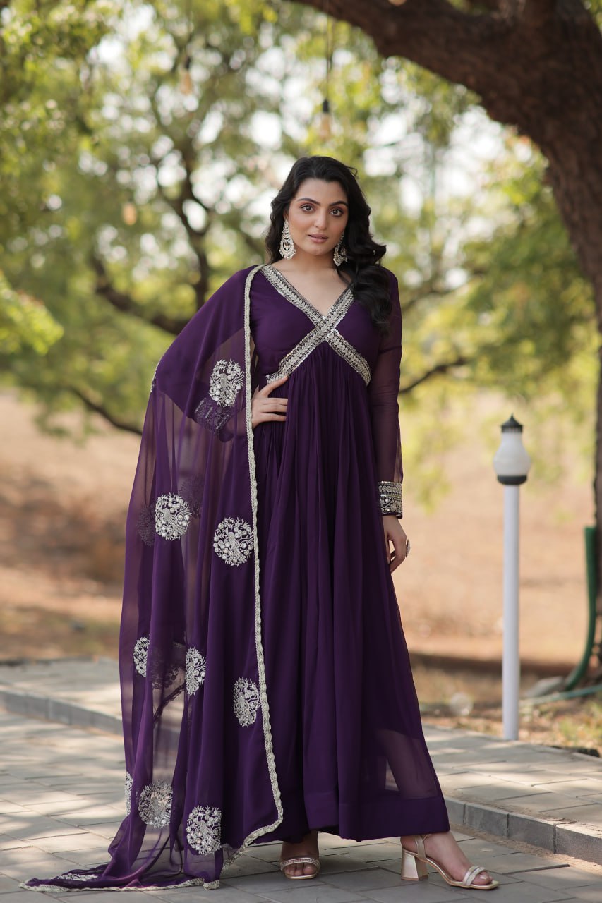 PREMIUM READYMADE ALIA CUT PURPLE GOWN WITH DUPATTA FAUX BLOOMING WITH  EMBROIDERY ZARI SEQUINS-WORK