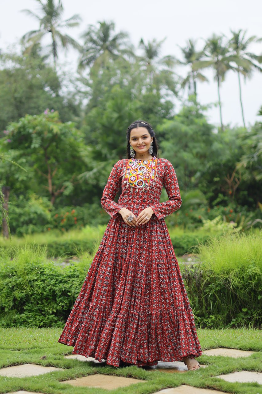 Designer Printed Gown Made from Heavy Printed Cotton with Kutchi Gamthi Lace and Kodi Work...