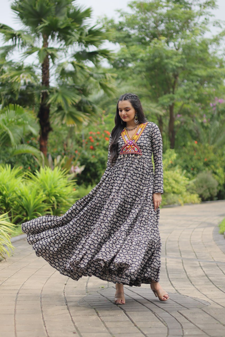 Designer Printed Gown Made from Heavy Printed Cotton with Kutchi Gamthi Lace and Kodi Work.