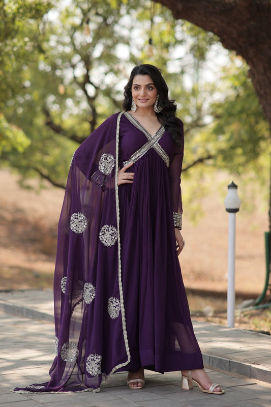 PREMIUM READYMADE ALIA CUT PURPLE GOWN WITH DUPATTA FAUX BLOOMING WITH  EMBROIDERY ZARI SEQUINS-WORK