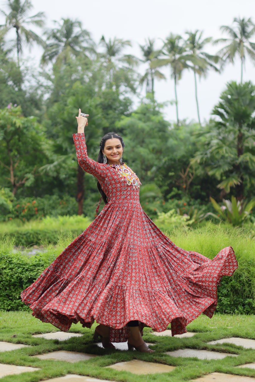 Designer Printed Gown Made from Heavy Printed Cotton with Kutchi Gamthi Lace and Kodi Work...