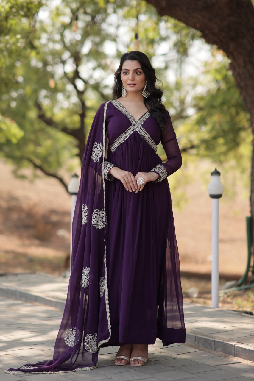 PREMIUM READYMADE ALIA CUT PURPLE GOWN WITH DUPATTA FAUX BLOOMING WITH  EMBROIDERY ZARI SEQUINS-WORK