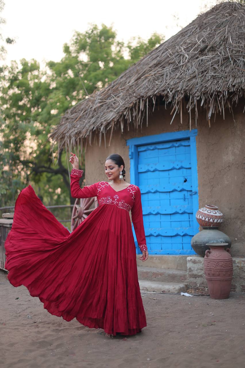 LUXURIOUS MAROON GOWN 14 KG REYON FABRIC WITH REAL MIRROR  WORK