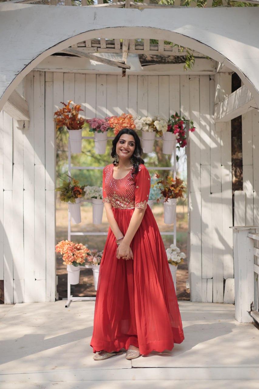 LUXURIOUS DESIGNER READYMADE GOWN COLLECTIONS FAUX BLOOMING WITH EMBROIDERY ZARI SEQUINS-WORK