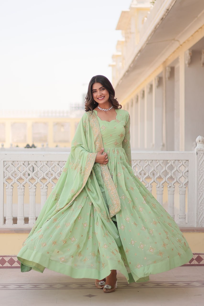 PREMIUM DESIGNER READYMADE LITE GREEn GOWN COLLECTIONS FAUX GEORGETTE WITH ZARI & SEQUINS EMBROIDERY