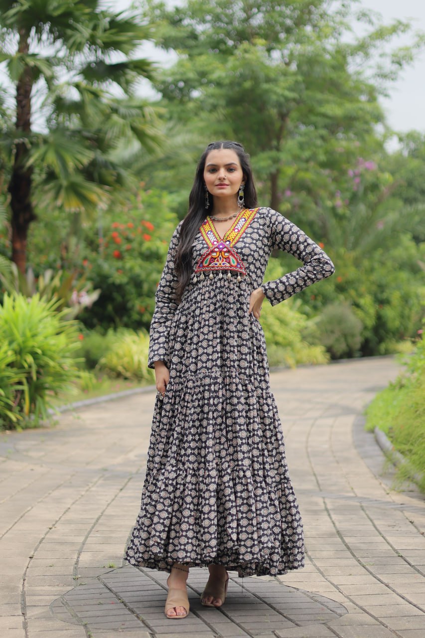 Designer Printed Gown Made from Heavy Printed Cotton with Kutchi Gamthi Lace and Kodi Work.