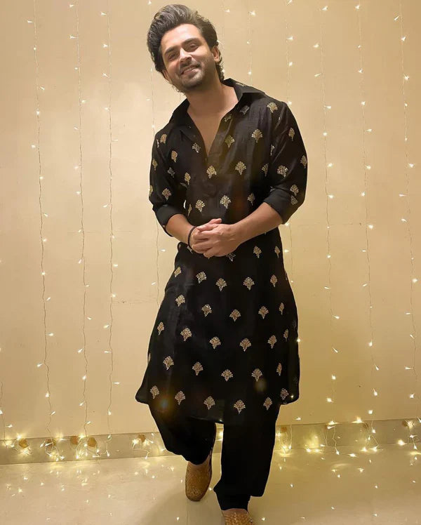 CELEBRITY MEN'S DESIGNER SEQUENCE EMBRODRY BLACK KURTA