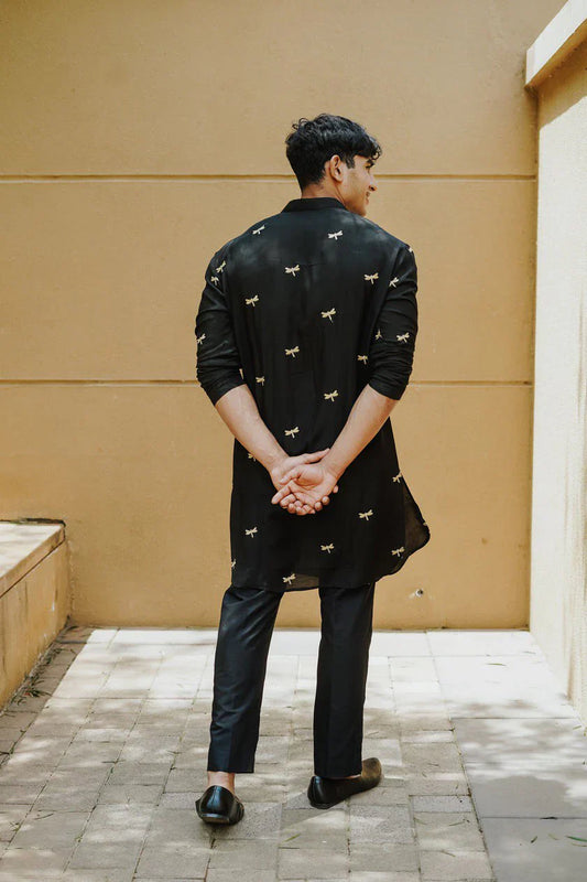 BLACK DRAGONFLY EMBROIDERY WORKED KURTA