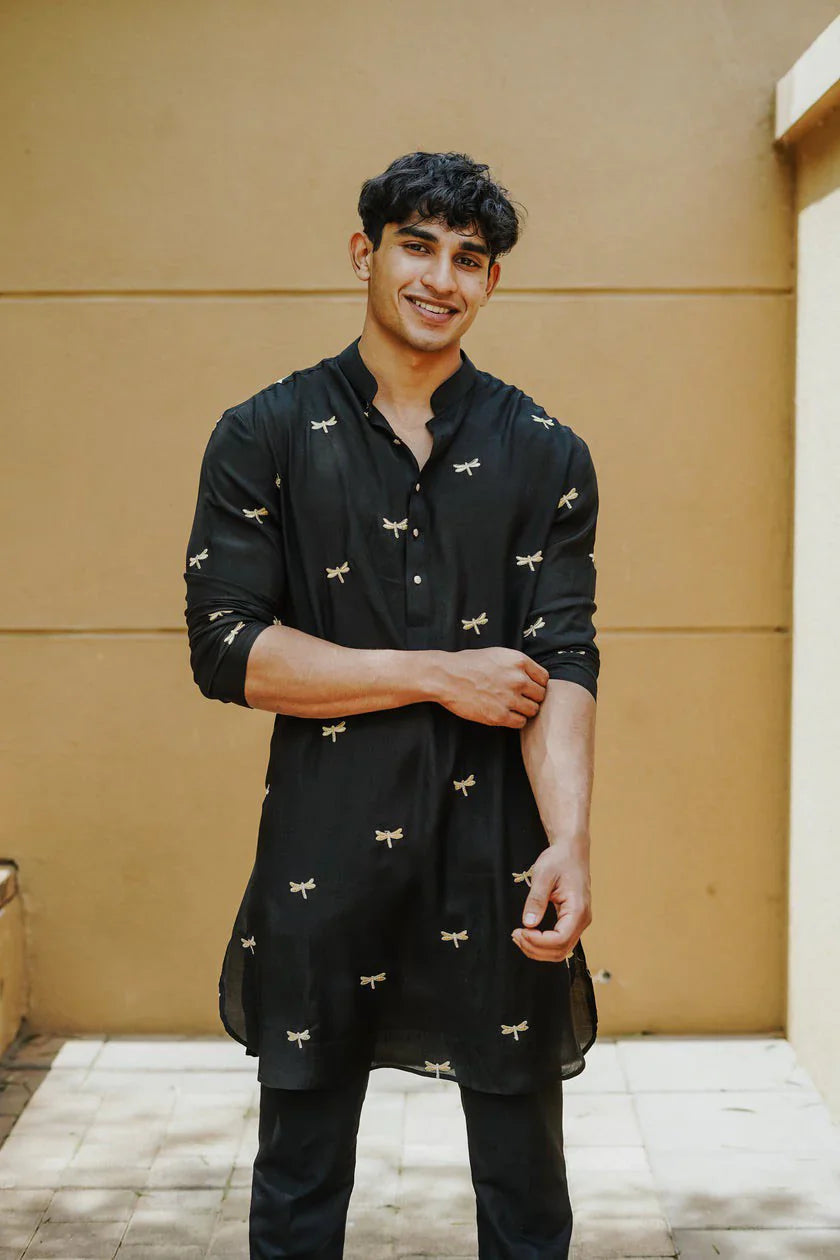 BLACK DRAGONFLY EMBROIDERY WORKED KURTA