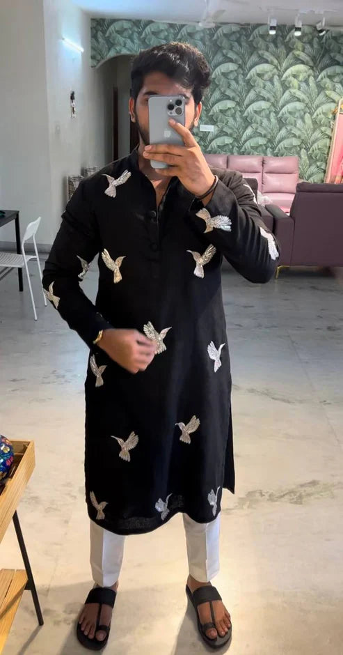 BLACK HUMMING BIRDS EMBRODRY KURTA