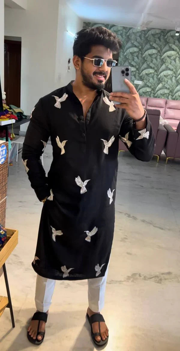 BLACK HUMMING BIRDS EMBRODRY KURTA