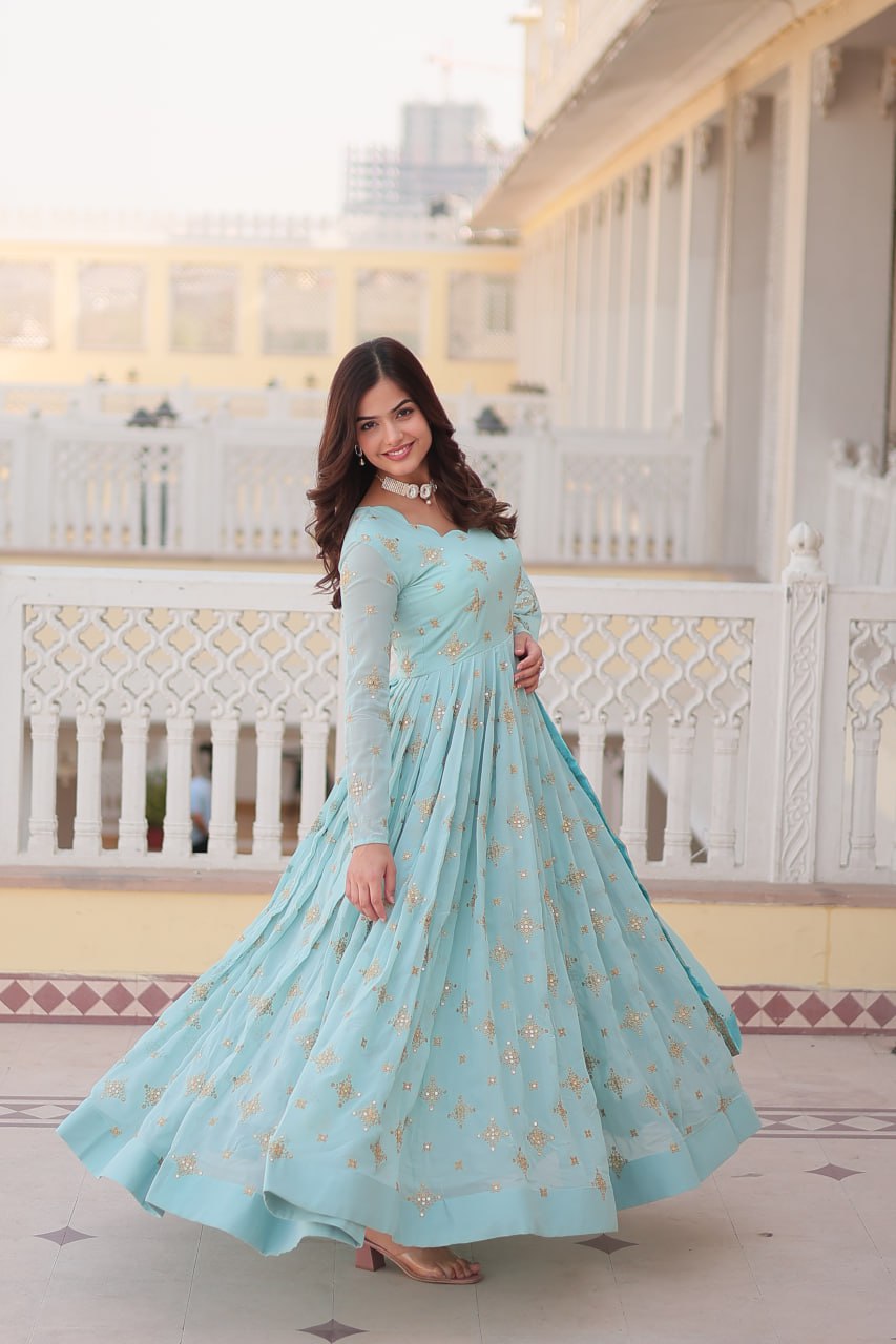 PREMIUM DESIGNER READYMADE LITE BLUE GOWN COLLECTIONS FAUX GEORGETTE WITH ZARI & SEQUINS EMBROIDERY