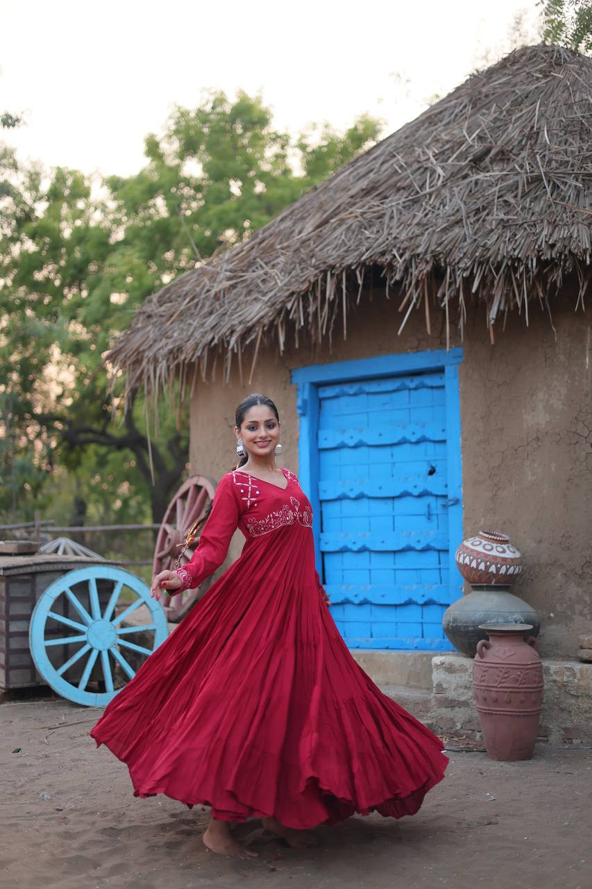 LUXURIOUS MAROON GOWN 14 KG REYON FABRIC WITH REAL MIRROR  WORK