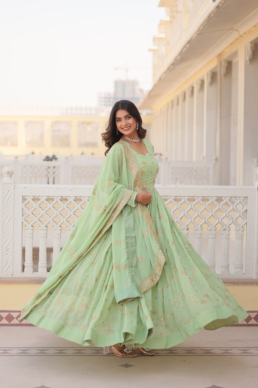 PREMIUM DESIGNER READYMADE LITE GREEn GOWN COLLECTIONS FAUX GEORGETTE WITH ZARI & SEQUINS EMBROIDERY