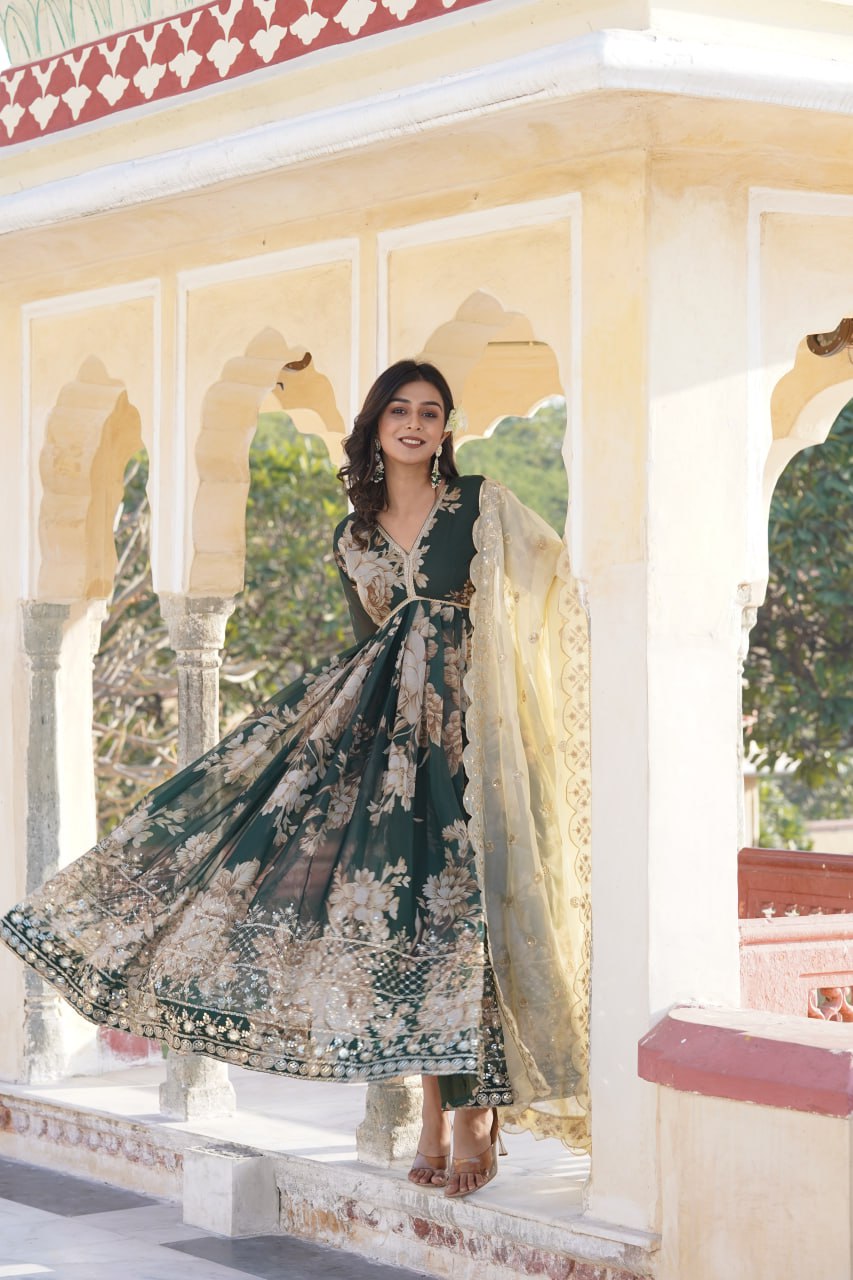 PREMIUM READYMADE ALIA CUT GOWN WITH DUPATTA DIGITAL PRINTED RUSSIAN SILK WITH  EMBROIDERY ZARI SEQUINS-WORK