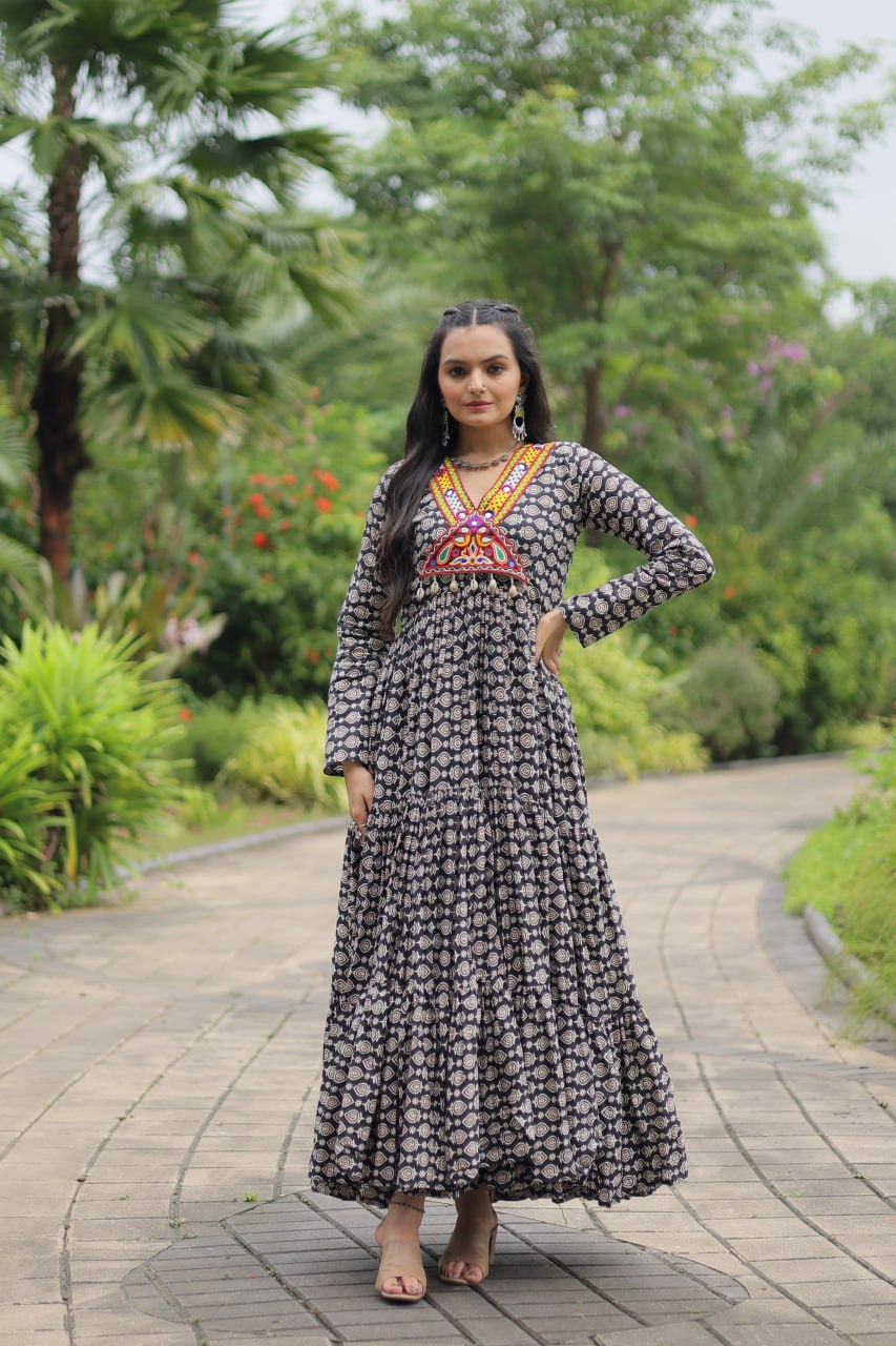 Designer Printed Gown Made from Heavy Printed Cotton with Kutchi Gamthi Lace and Kodi Work.