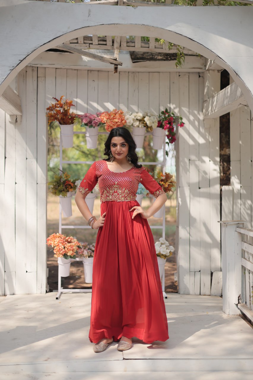 LUXURIOUS DESIGNER READYMADE GOWN COLLECTIONS FAUX BLOOMING WITH EMBROIDERY ZARI SEQUINS-WORK