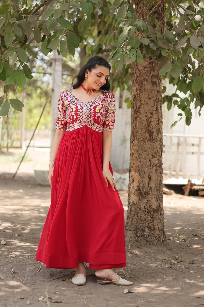 PREMIUM DESIGNER READYMADE RED GOWN COLLECTIONS IS LUXURY CLOTHING CONSIDERED TO BE HIGH QUALITY MADE BY ZARI-THREAD & SEQUINS EMBROIDERY