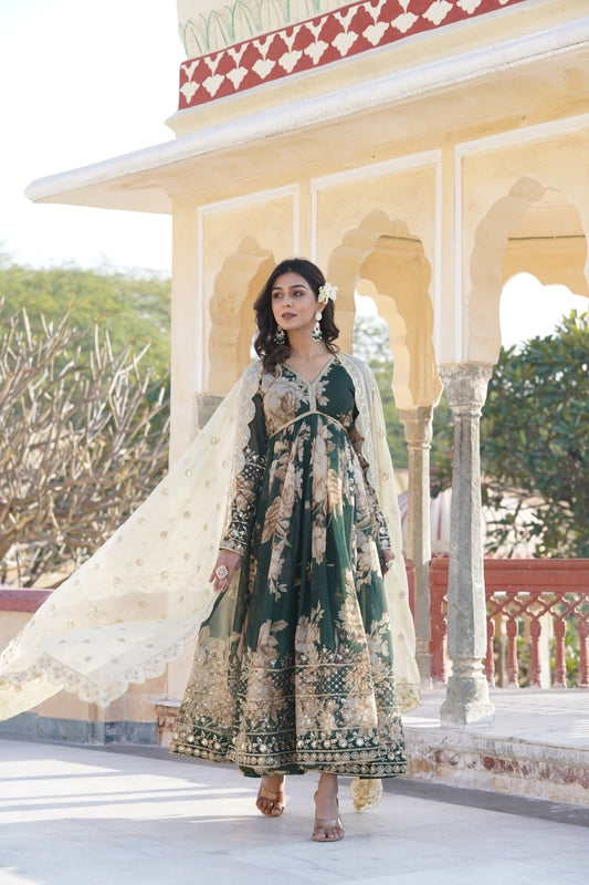 PREMIUM READYMADE ALIA CUT GOWN WITH DUPATTA DIGITAL PRINTED RUSSIAN SILK WITH  EMBROIDERY ZARI SEQUINS-WORK