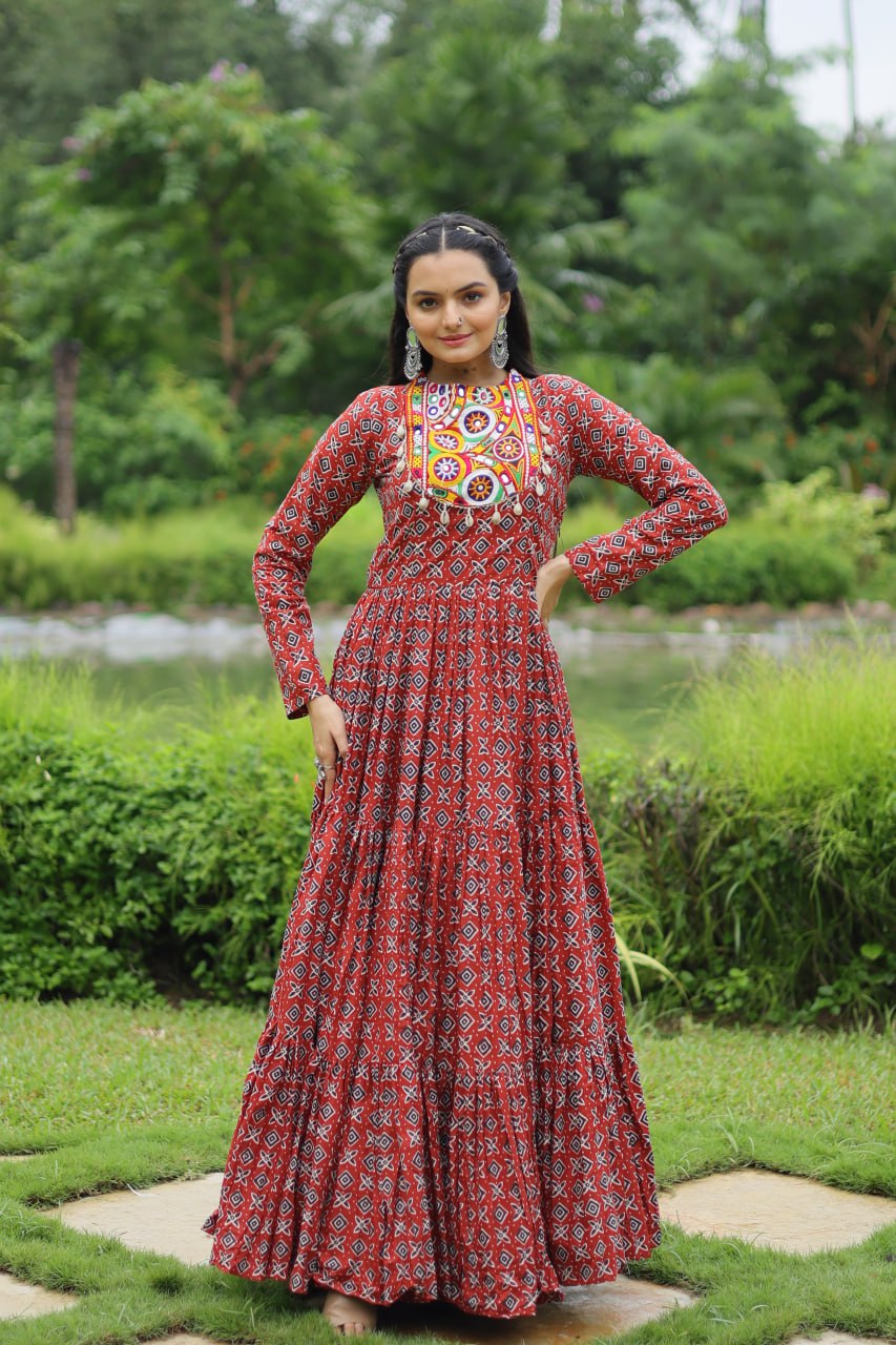 Designer Printed Gown Made from Heavy Printed Cotton with Kutchi Gamthi Lace and Kodi Work...