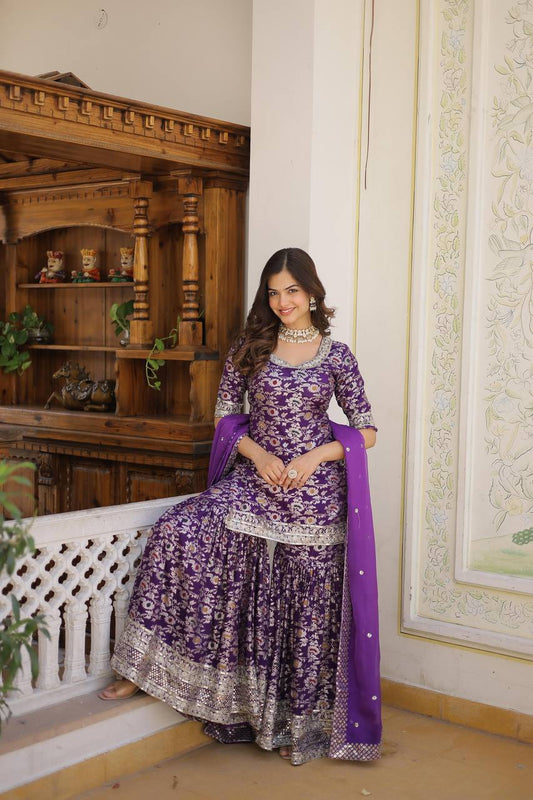 ✨ Royal Grace Designer Gharara Suit – A Blend of Tradition & Elegance! ✨PURPLE