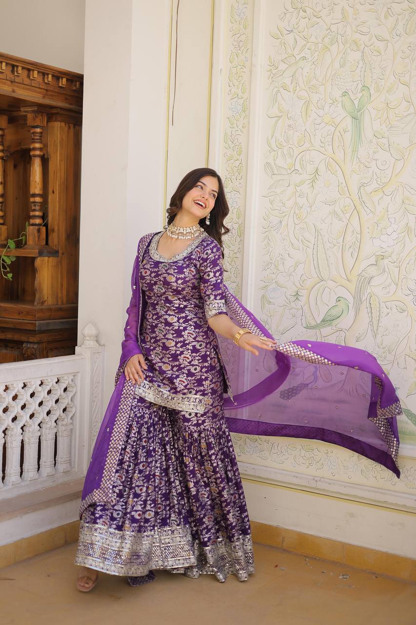 ✨ Royal Grace Designer Gharara Suit – A Blend of Tradition & Elegance! ✨PURPLE