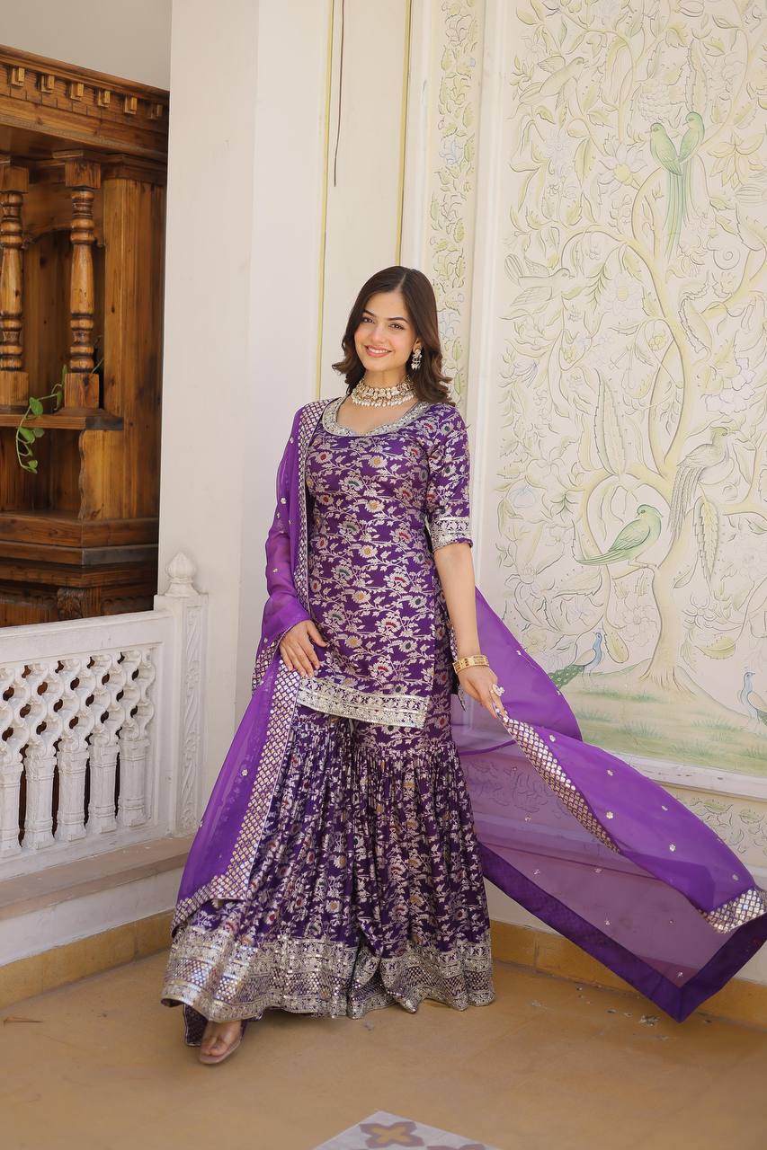 ✨ Royal Grace Designer Gharara Suit – A Blend of Tradition & Elegance! ✨PURPLE