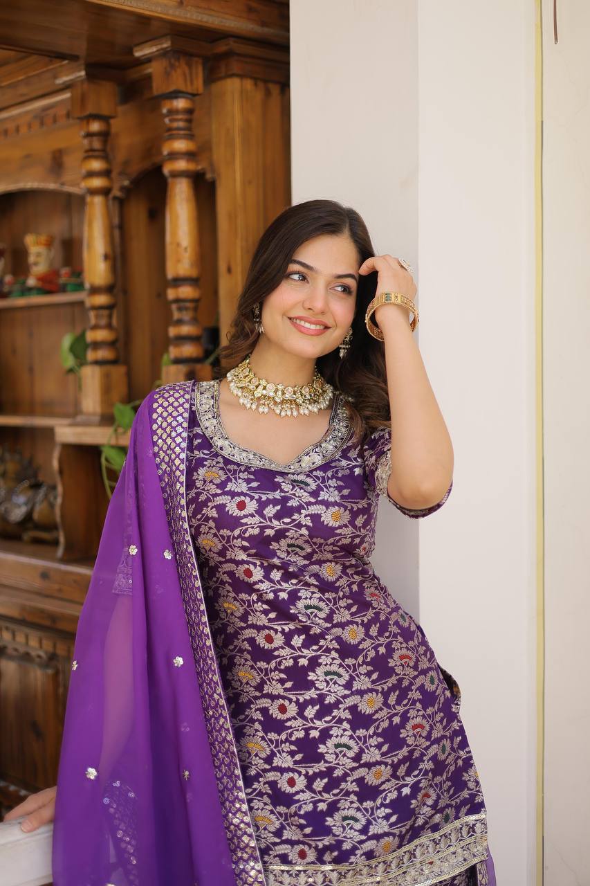 ✨ Royal Grace Designer Gharara Suit – A Blend of Tradition & Elegance! ✨PURPLE