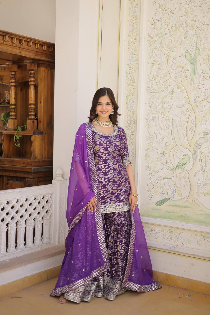 ✨ Royal Grace Designer Gharara Suit – A Blend of Tradition & Elegance! ✨PURPLE