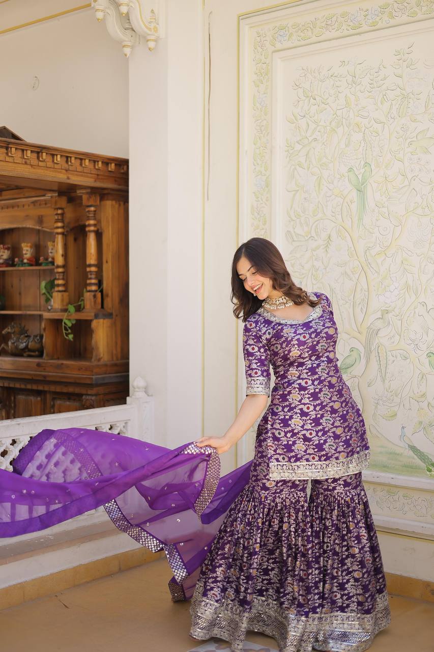 ✨ Royal Grace Designer Gharara Suit – A Blend of Tradition & Elegance! ✨PURPLE