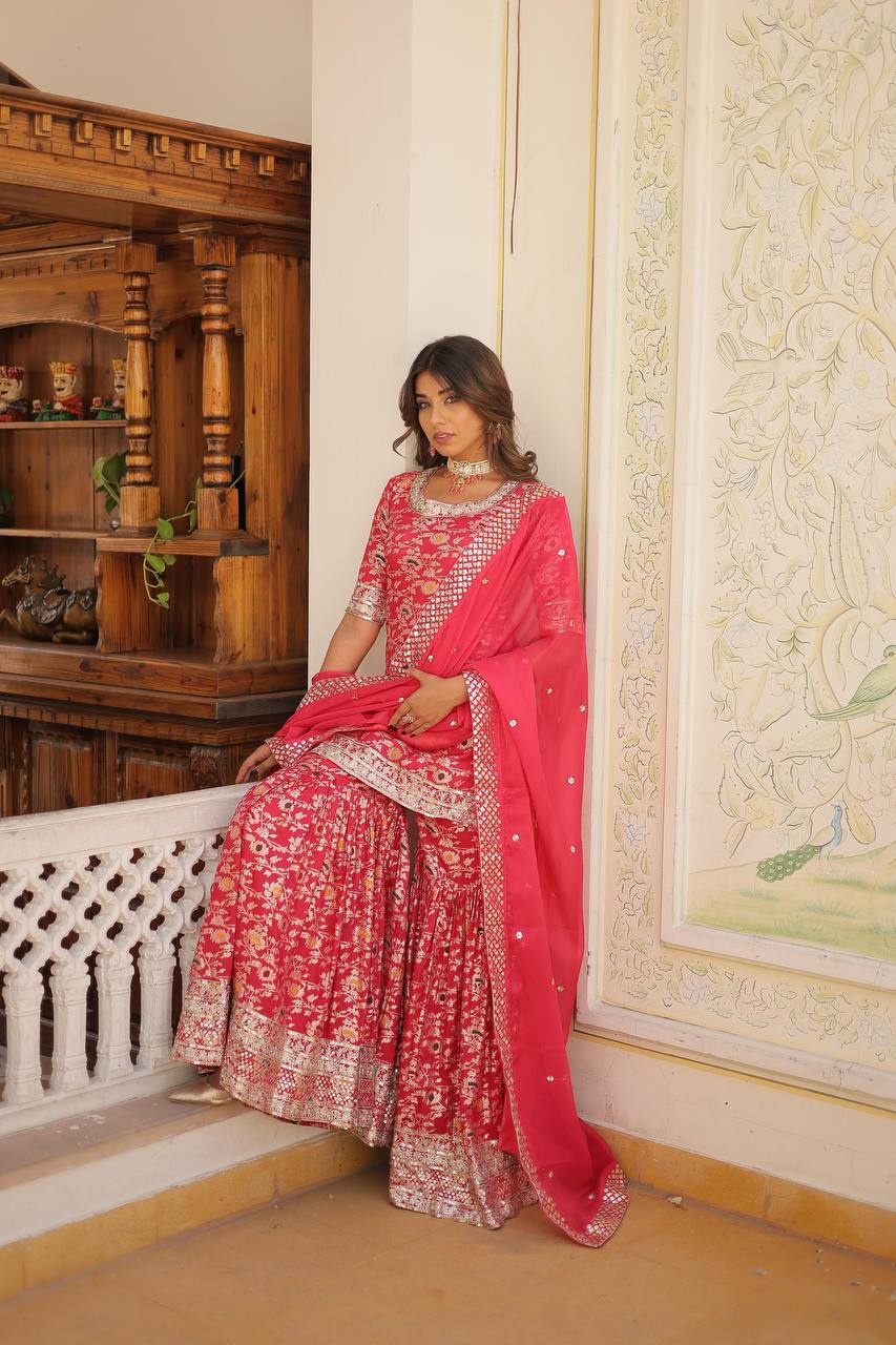 ✨ Royal Grace Designer Gharara Suit – A Blend of Tradition & Elegance! ✨RED