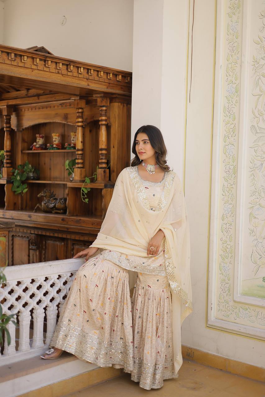 ✨ Royal Grace Designer Gharara Suit – A Blend of Tradition & Elegance! ✨WHITE