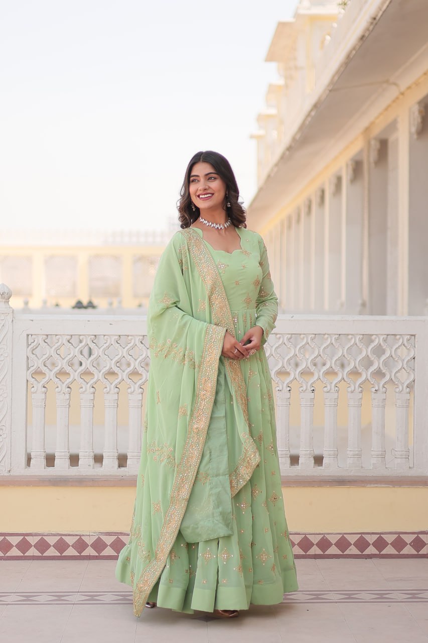 PREMIUM DESIGNER READYMADE LITE GREEn GOWN COLLECTIONS FAUX GEORGETTE WITH ZARI & SEQUINS EMBROIDERY