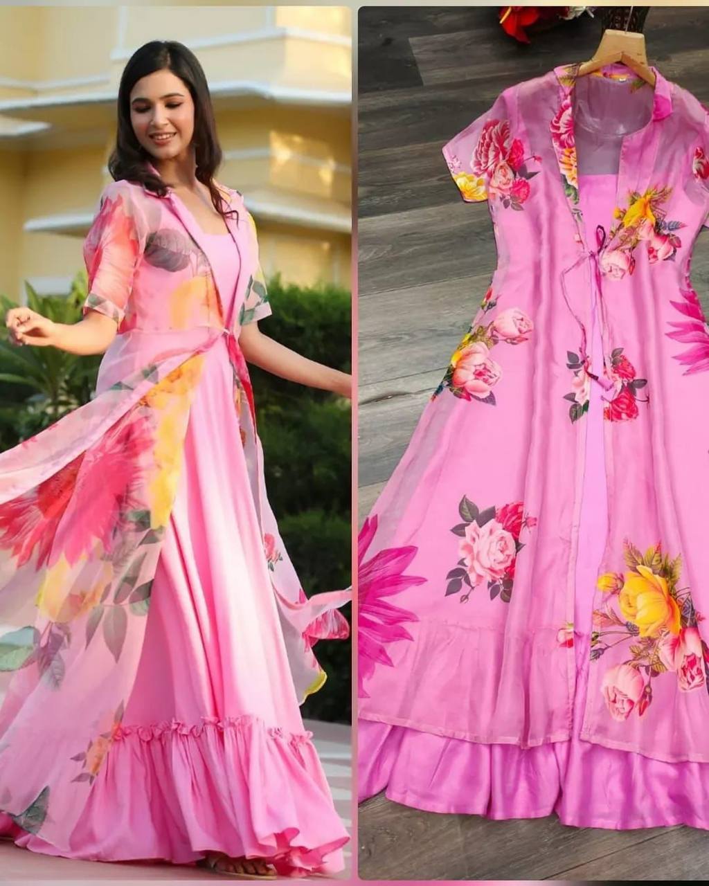 PREMIUM READYMADE HEAVY REYON PINK KURTA WITH SOFT ORGANZA SHRUG(KOTI) 👜