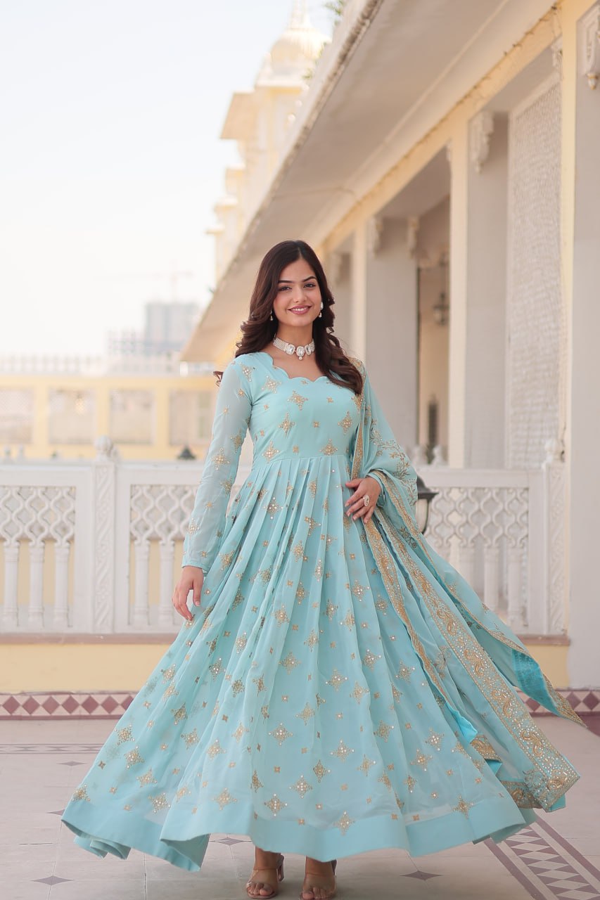 PREMIUM DESIGNER READYMADE LITE BLUE GOWN COLLECTIONS FAUX GEORGETTE WITH ZARI & SEQUINS EMBROIDERY