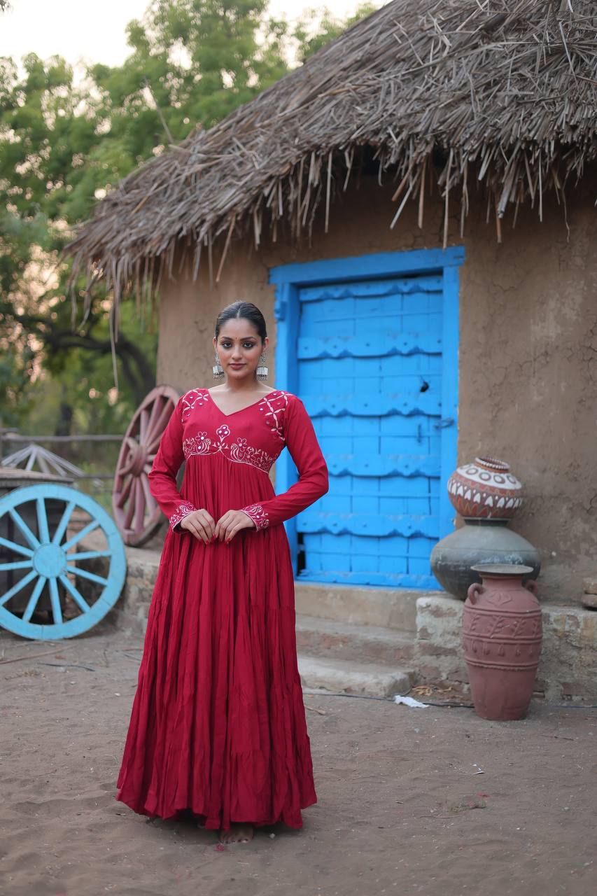 LUXURIOUS MAROON GOWN 14 KG REYON FABRIC WITH REAL MIRROR  WORK