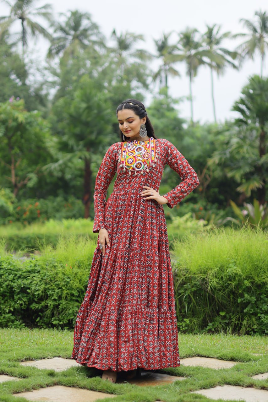 Designer Printed Gown Made from Heavy Printed Cotton with Kutchi Gamthi Lace and Kodi Work...