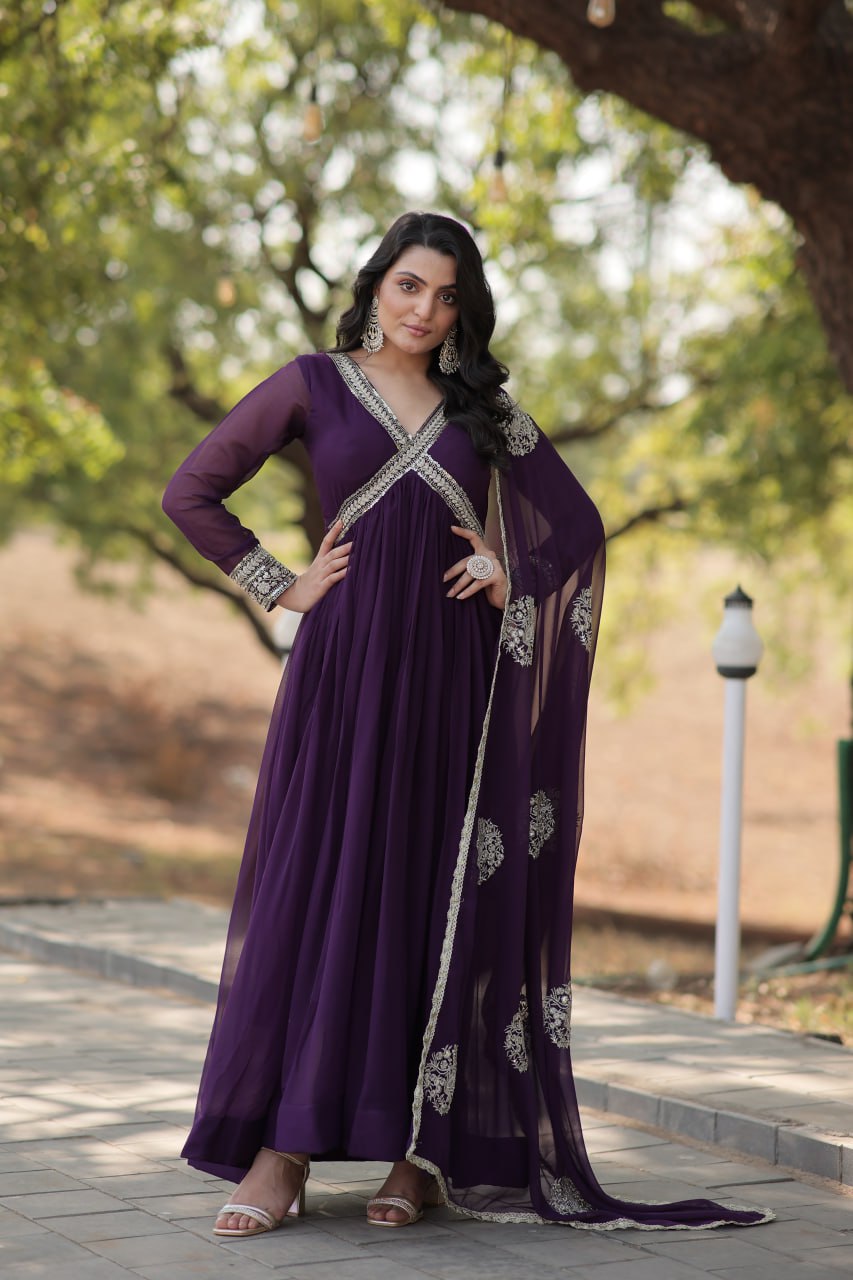 PREMIUM READYMADE ALIA CUT PURPLE GOWN WITH DUPATTA FAUX BLOOMING WITH  EMBROIDERY ZARI SEQUINS-WORK